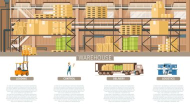 Ambalaj ve tedarik bakım afiş ambar. Endüstriyel fabrika depolama öğesi Infographic resmi. Denetim Lojistik, ağırlık teslim, profesyonel hizmet. Düz çizgi film vektör çizim