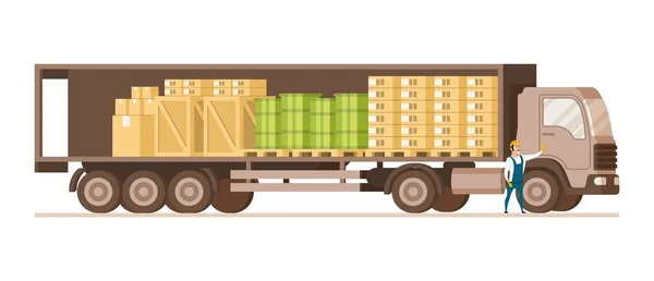 Open Fast Delivery Load Truck Full Cargo Goods Side View — Stock Vector