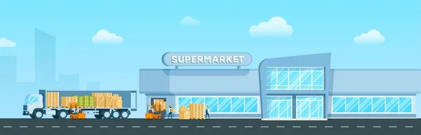 Express Lkw Der Waren Zum Supermarkt Bringt Warehouse Delivery Fracht — Stockvektor