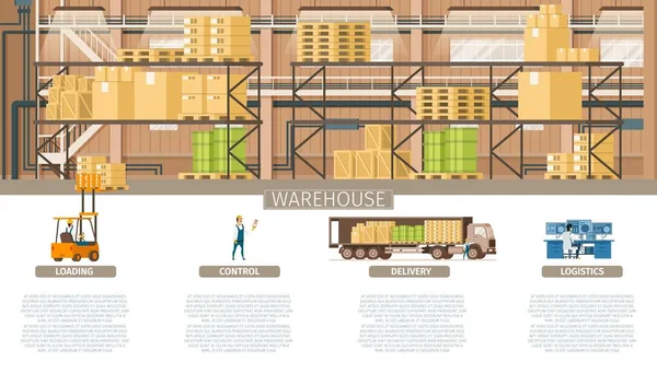 Sklad Balení Dodávky Údržby Banner Infographic Obrázek Továrních Storage Element — Stockový vektor