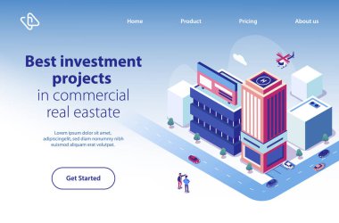 Ticari gayrimenkul yatırım proje izometrik vektör Web Banner. Ortaklar iş Perspektifler yeni gökdelen binası şehir çizimde tartışıyor. İnşaat şirketi açılış sayfası