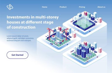 Çok katlı evler inşaat yatırım projesi izometrik vektör Web Banner. Daire veya kat mülkiyeti kompleksleri hazırlık illüstrasyon farklı aşamalarında üzerinde. Gayrimenkul şirketi açılış sayfası