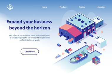 Uluslararası taşımacılık şirketi izometrik vektör Web Banner. Ambar binası, konteyner gemisi liman çizimde yakınındaki kargo kamyon. Küresel posta, kelime geniş teslim hizmet açılış sayfası şablonu