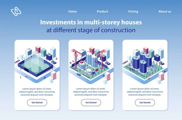 Mehrstöckige Häuser Bau Investitionsprojekt Isometrischen Vektor Vertikalen Web Banner Gesetzt — Stockvektor