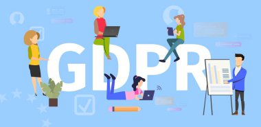 Genel veri koruma yönetmeliği düz vektör afiş. Bilgisayarlar, çalışma bilgi illüstrasyon toplama Alışveriş Online, iş sahibi yapma kullanmanın Internet kullanıcıları. Kişisel verilerin korunması