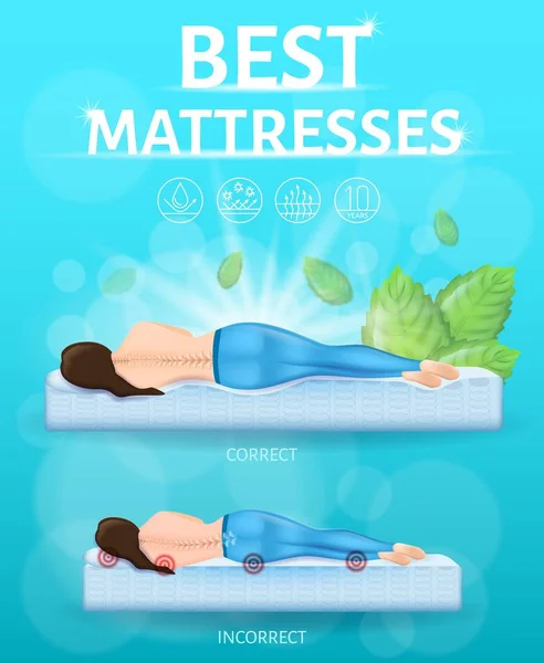 最佳矫形床垫现实矢量促销横幅或海报正确和不正确或在睡眠期间躺在位置 躺在矫形和硬质春季床垫上的妇女 — 图库矢量图片