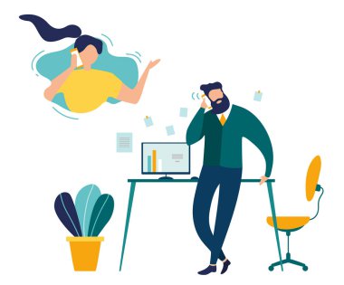 Office düz vektör kavramı aradı. İşadamı tatilinde ofiste, şirket müdürü yapma çağrısı istemci illüstrasyon kadın telefon, çalışan arama karısı ile konuşuyor. Müşteri desteği