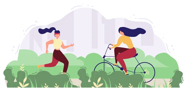 現代人の野外活動フラット ベクトル概念 女性の自転車に乗って 公園または正方形の図で実行されています リードする健康的なライフ スタイル 夏のレジャーや楽しい外運動フィットネスをやって — ストックベクタ