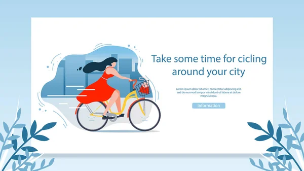 City Cycling Flat Vector Web Banner Landing Page Template Woman — Archivo Imágenes Vectoriales