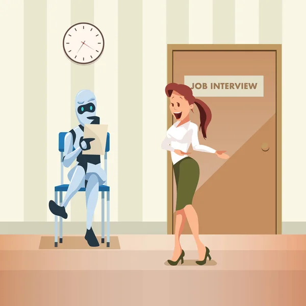Robô espera por entrevista de emprego na porta do corredor —  Vetores de Stock