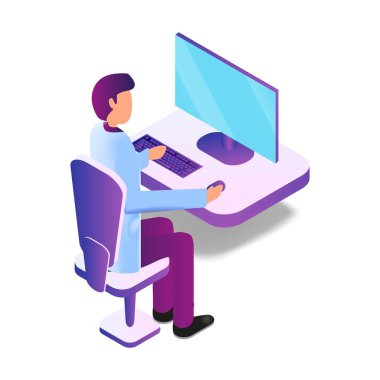 İzometrik çizimde erkek doktor bilgisayar kullanarak