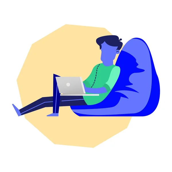 Szabadúszó laptop kék Beanbag széket ülni — Stock Vector
