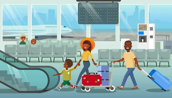 Familia que lleva equipaje en el aeropuerto Vector de dibujos animados — Vector de stock