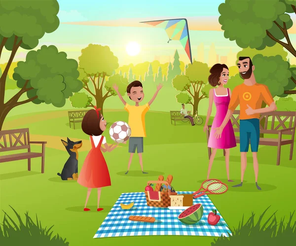 Buon pic-nic in famiglia nel parco cittadino Vettore dei cartoni animati — Vettoriale Stock