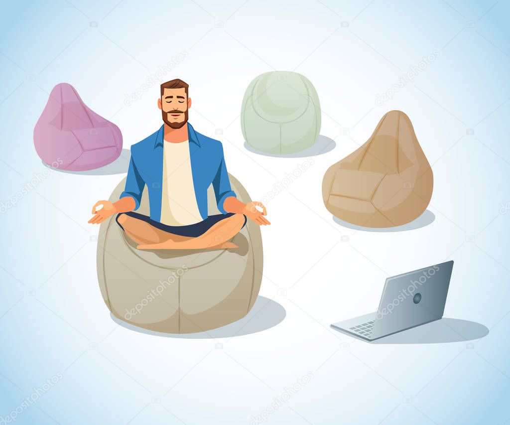 Freelancer Meditating in Bag Chair Cartoon Vector