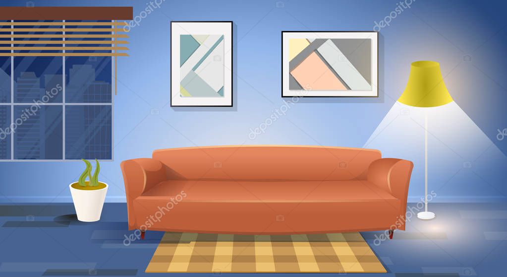 Living Room Interior Cartoon Vector Illustration With Comfortable Sofa In Cozy Room Window Overlooking On Night City Lighted Elegant Floor Lamp Plant In Pot Carpet On Floor And Paintings On Wall