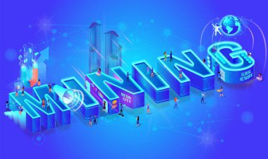 3D Neon izometrik kelime araştırma, şehirliler vektör