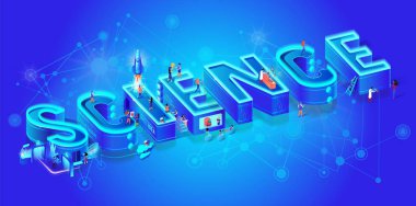 Bilim 3d Neon izometrik Word. Bilim adamları iş yaratma akıllı teknolojisi. Kullanan kişiler gerçeklik Tech Life artar. Küçük karakterler etrafında büyük harflerin uyanma. Vektör çizim.