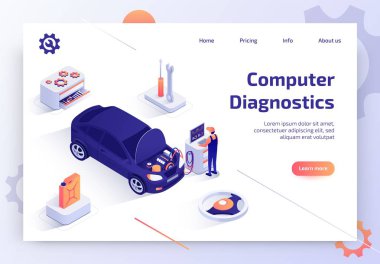 Araba tamir dükkanı, oto Bayi Servisi, araç bakım istasyonu izometrik vektör Web Banner bilgisayar tanılama otomobil motoru sistemleri şekil yapma nitelikli otomotiv teknisyeni ile