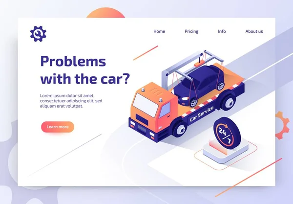 Clock Car Towing Truck Service Isométrico Vector Web Banner Com — Vetor de Stock