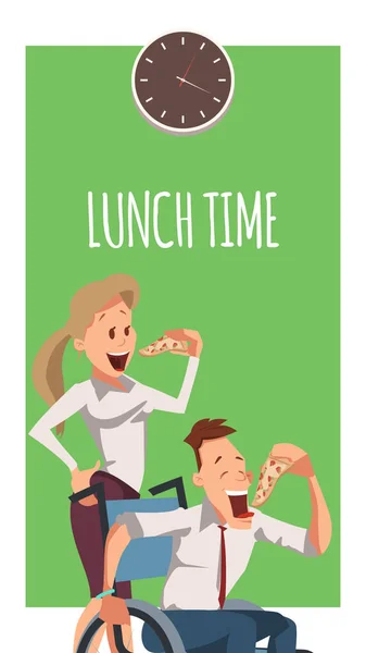 Młoda kobieta i mężczyzna niepełnosprawnych zjeść pizzę w pracy — Wektor stockowy