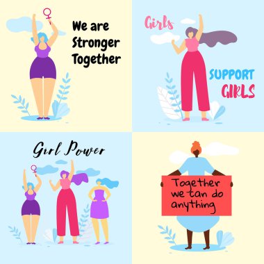 Cesur Feminist kızlarla renkli afiş kümesi