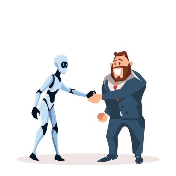 Glücklicher Geschäftsmann im Anzug und Roboter schütteln die Hand — Stockvektor