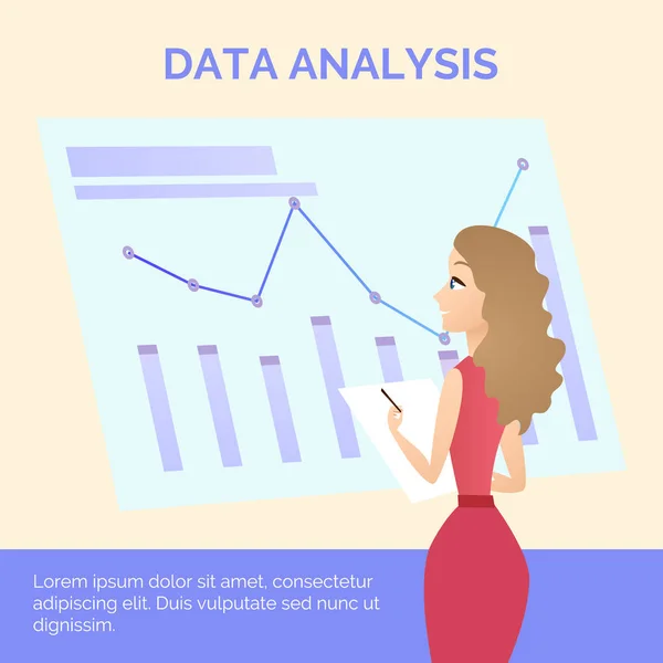 Chica trabajadora de oficina en vestido de aprendizaje de datos de análisis — Vector de stock