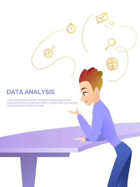 Young Man Thinking Process Standing at Desktop — Stock Vector