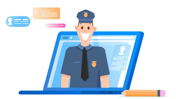 Policial personagem headshot aparecer a partir de laptop — Vetor de Stock
