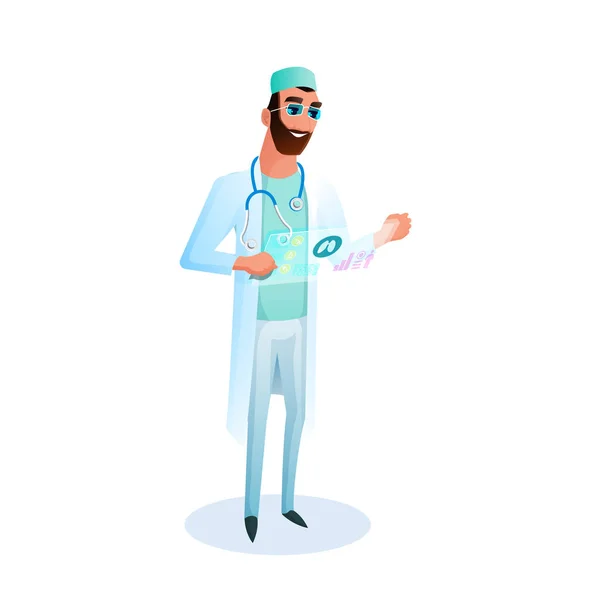 Arzt mit Brille hält virtuelle Gesundheitskarte in der Hand — Stockvektor