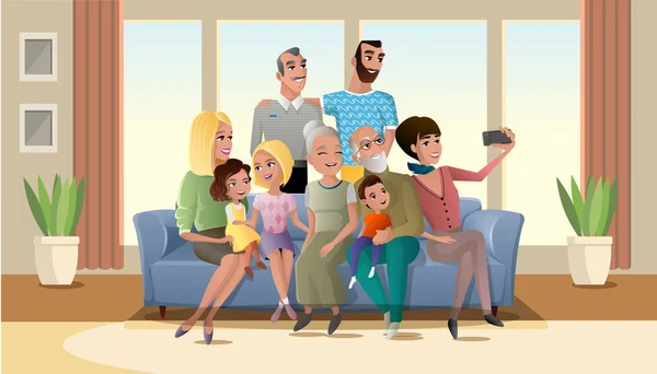 Selfie Foto di grande famiglia felice Vettore dei cartoni animati — Vettoriale Stock