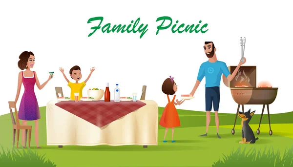 Happy Family Picnic on Green Loan Cartoon Vector