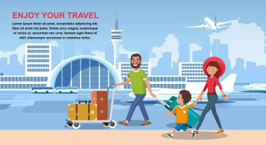 Havayolu karikatür vektör ile mutlu turistler seyahat