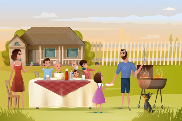 Big Family Holiday Dinner or Picnic Cartoon Vector — Stock Vector