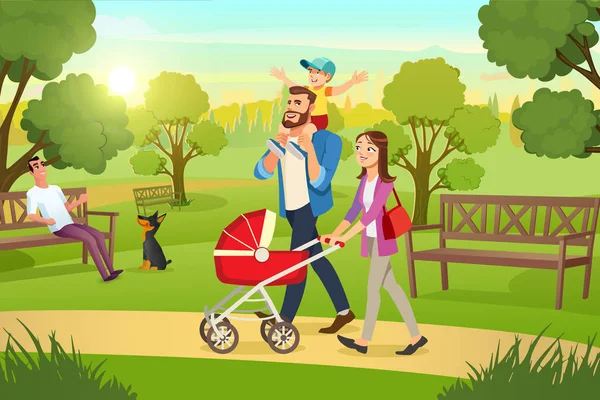 Happy Family Paseando con Pram In Park Vector — Archivo Imágenes Vectoriales