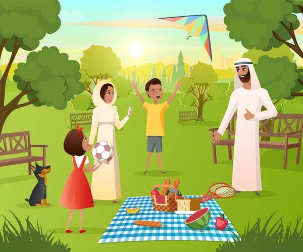 愉快的穆斯林家庭在野餐在城市公园向量 — 图库矢量图片