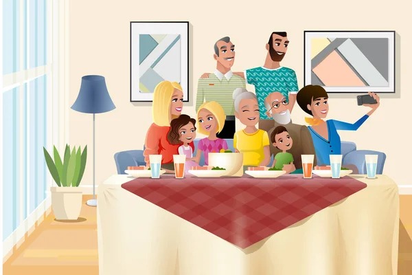 Big Family Holiday Dinner at Home Cartoon Vector — Stock Vector