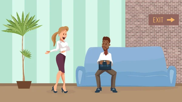 Frau bittet schwarzen Mann auf Sofa zum Vorstellungsgespräch — Stockvektor