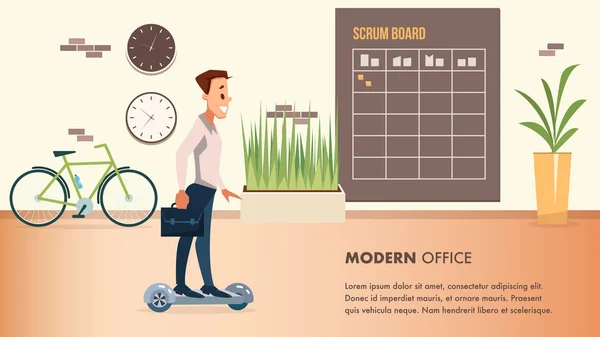 Trabajador de oficina sonriente en movimiento de traje en Hover Board — Vector de stock