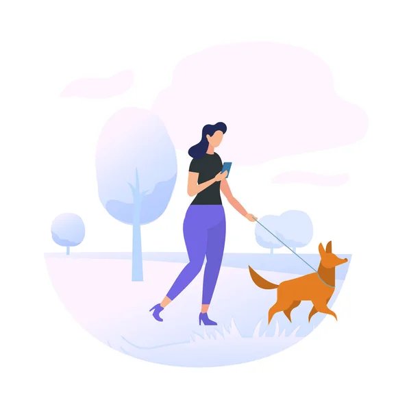 Personaje de mujer joven caminando con perro en el parque — Archivo Imágenes Vectoriales