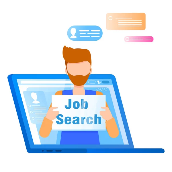 Placa de busca de emprego Man Hold desliga tela do laptop —  Vetores de Stock