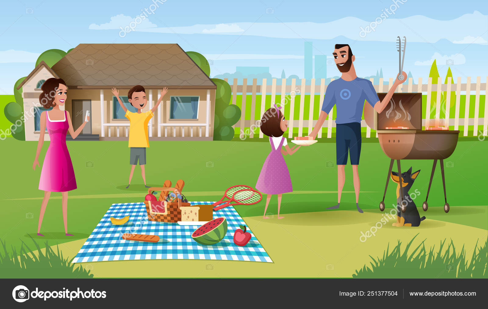 Family picnic on country house yard cartoon vector Stock Vector Image by  ©TeraVector #251377504