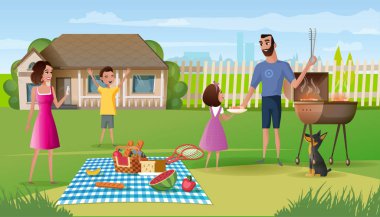Aile piknik kırsal ev bahçe karikatür vektör