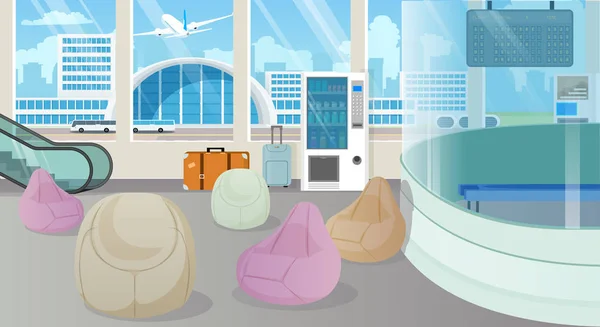 Sala de espera del aeropuerto moderno, sala de estar Vector de dibujos animados — Vector de stock