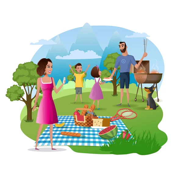 Lycklig familj picknick och vandra på Nature Vector — Stock vektor