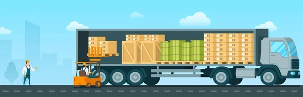 Caja de carga de coche de carretilla elevadora hasta camión de envío — Vector de stock