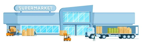 Складська вантажівка Розвантаження вантажів в супермаркеті — стоковий вектор