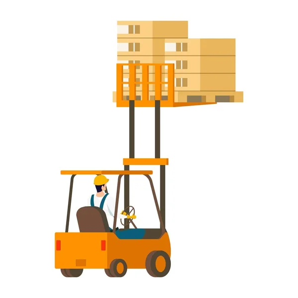 Mobil Forklift yang digerakkan manusia Mengangkat Kotak Wooden - Stok Vektor