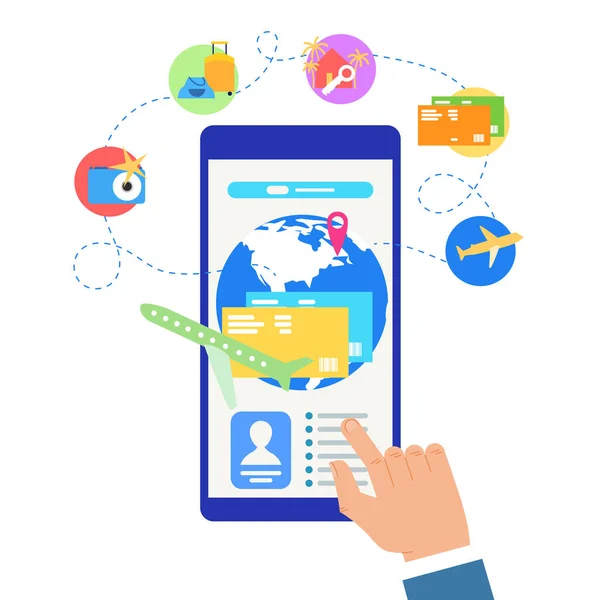 Bokar flygbiljetter med mobila App platt vektor — Stock vektor